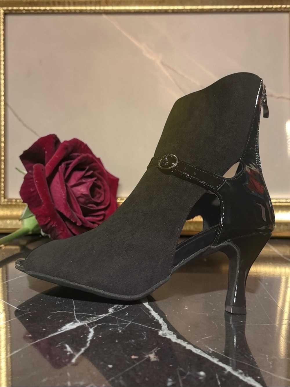 DanceandSway Faux Suede & Patent Open Toe Salsa Heels Dance Boots Sz 7-7.5 / 38